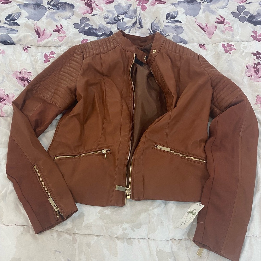 New York & Company Tan Leather Jacket with Quilted Sleeves